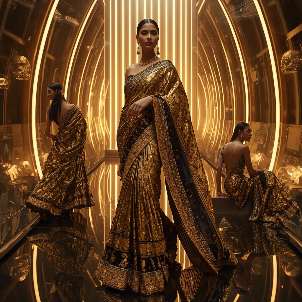 Golden Eclipse Saree with Futuristic Sunbeam Atrium | Gemini Photo Prompt