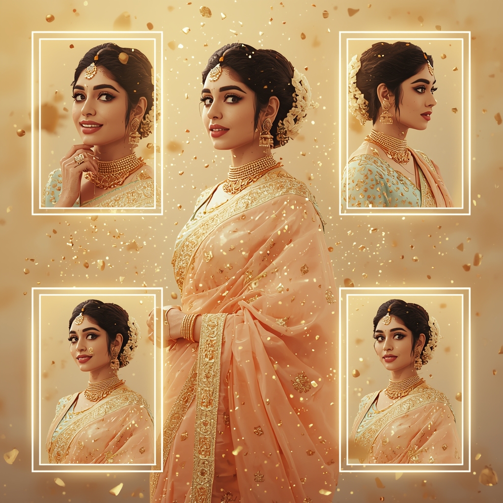 Golden Particle Glow Pastel Saree Indian Woman Luxury Collage | Saree Woman Ai Prompt