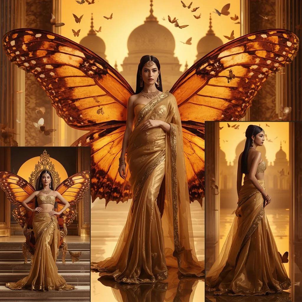 Golden Phoenix Butterfly Saree with Multiple Royal Fashion Poses and Sun Temple Background | Free Ai Prompt