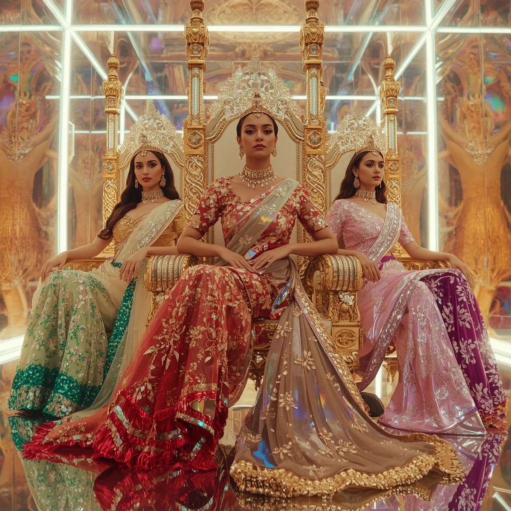 Golden Prism Celestial Infinity Queen Saree with Luxury Throne Poses and Holographic Neon Crystal Infinity Hypercube | Gemini Photo Editing Prompt