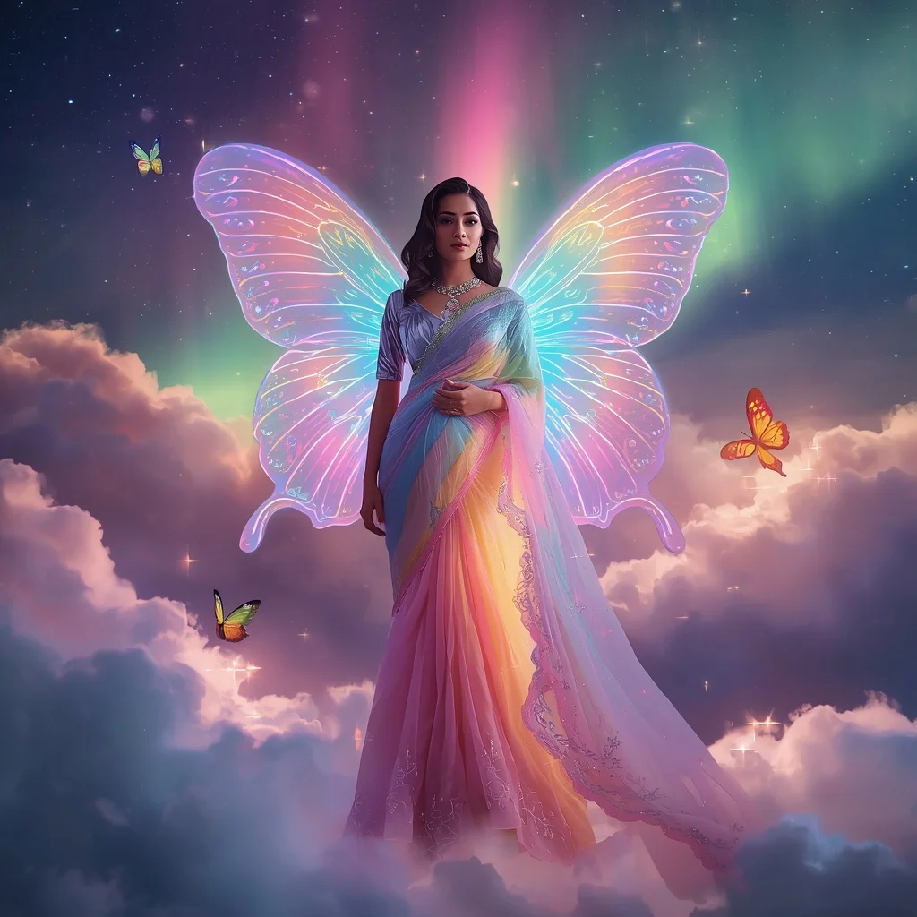 Heavenly Rainbow Butterfly Saree with Floating Aurora Cloud Background | Instagram Viral Photo Ai Prompt