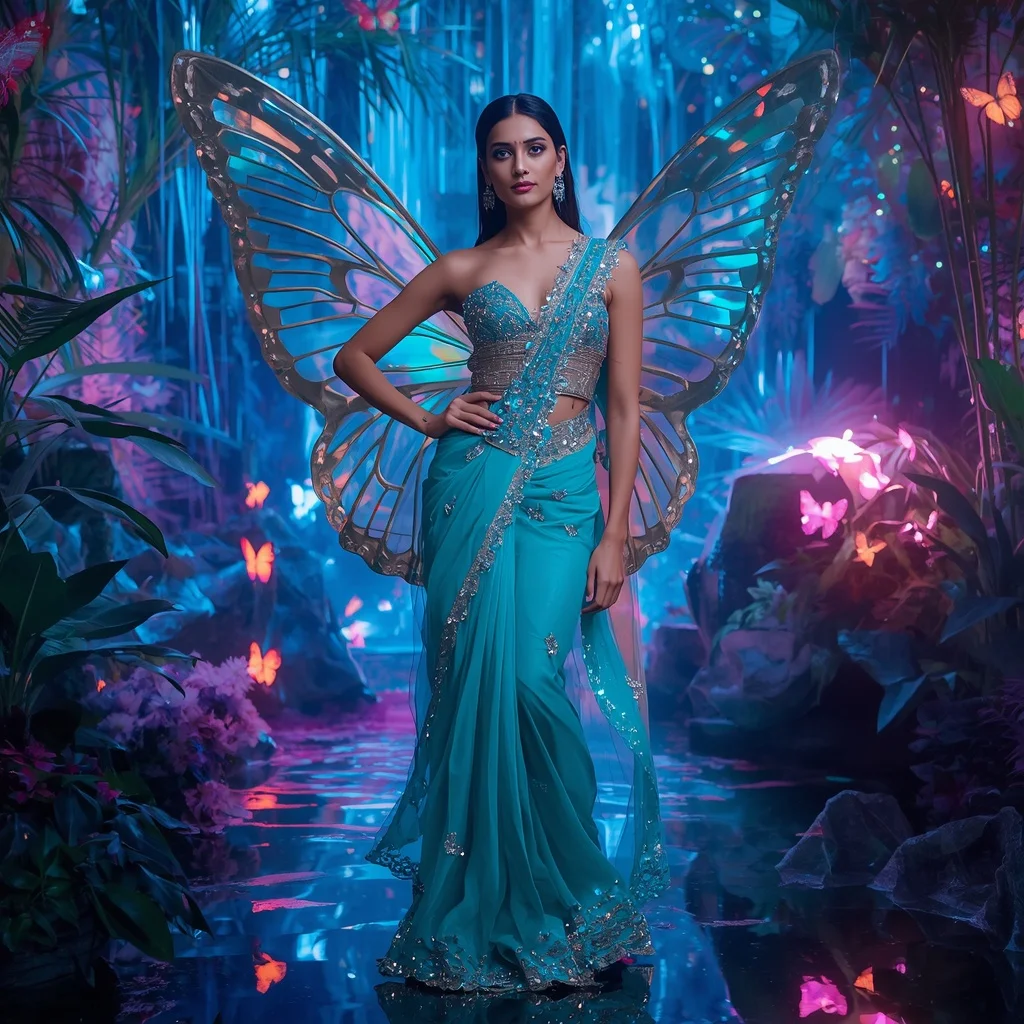 Holographic Butterfly Rainforest Saree with Fantasy Neon Jungle Background | Secret Ai Prompt