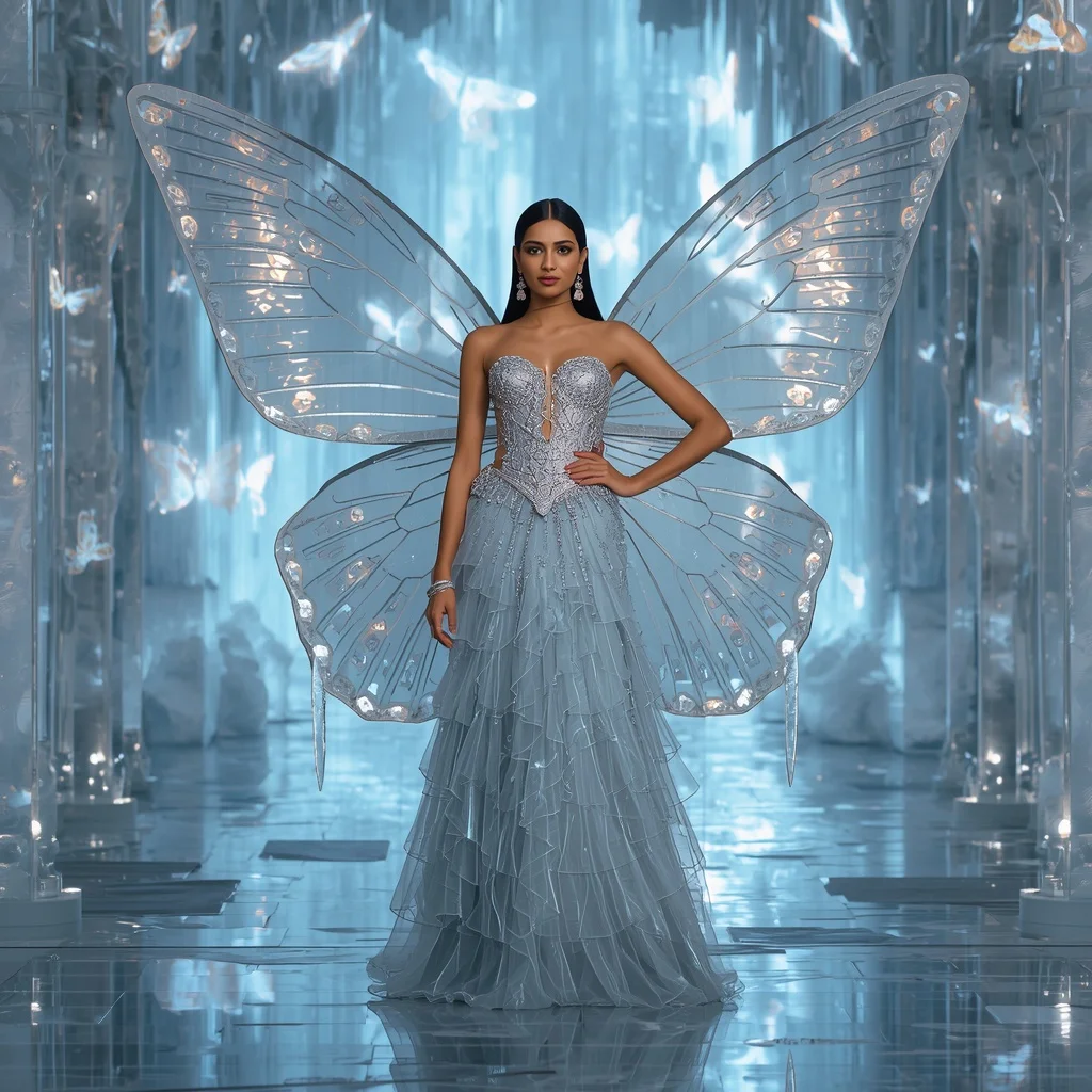 Ice Prism Butterfly Saree with Frozen Fantasy Cathedral Background | Prompt Ai