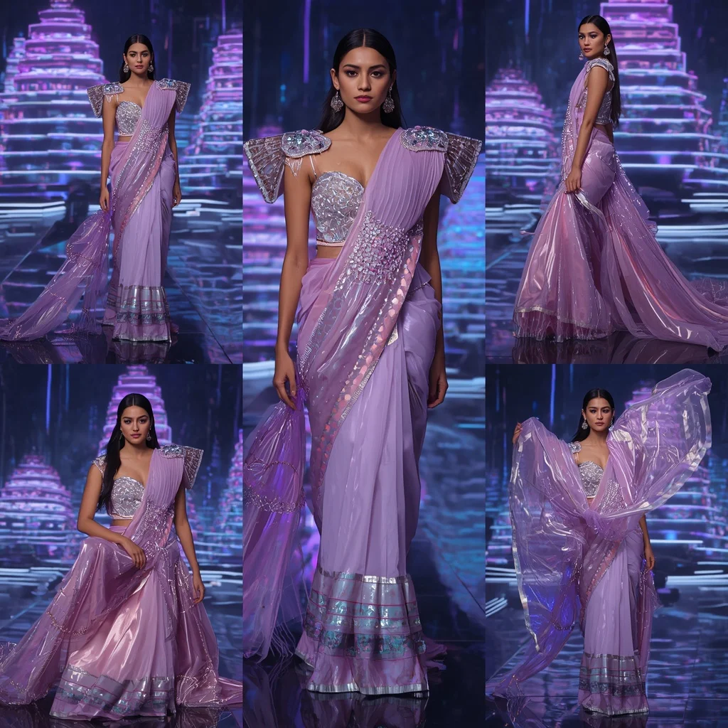 Lavender Aurora Mirage Saree with Dynamic Neon Temples | Prompt Generator