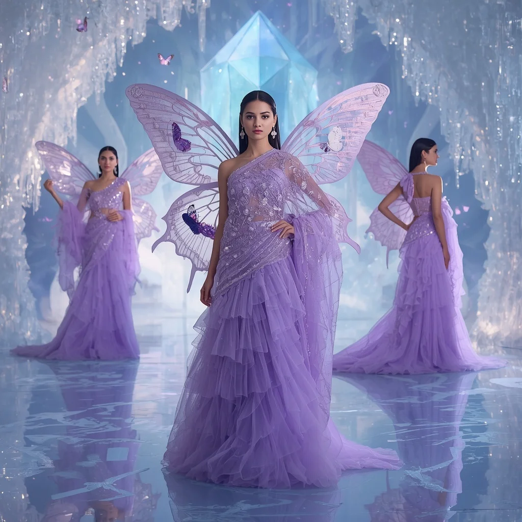 Lavender Frost Butterfly Saree with Multi Pose Crystal Snow Palace Background | Female Model Ai Prompt