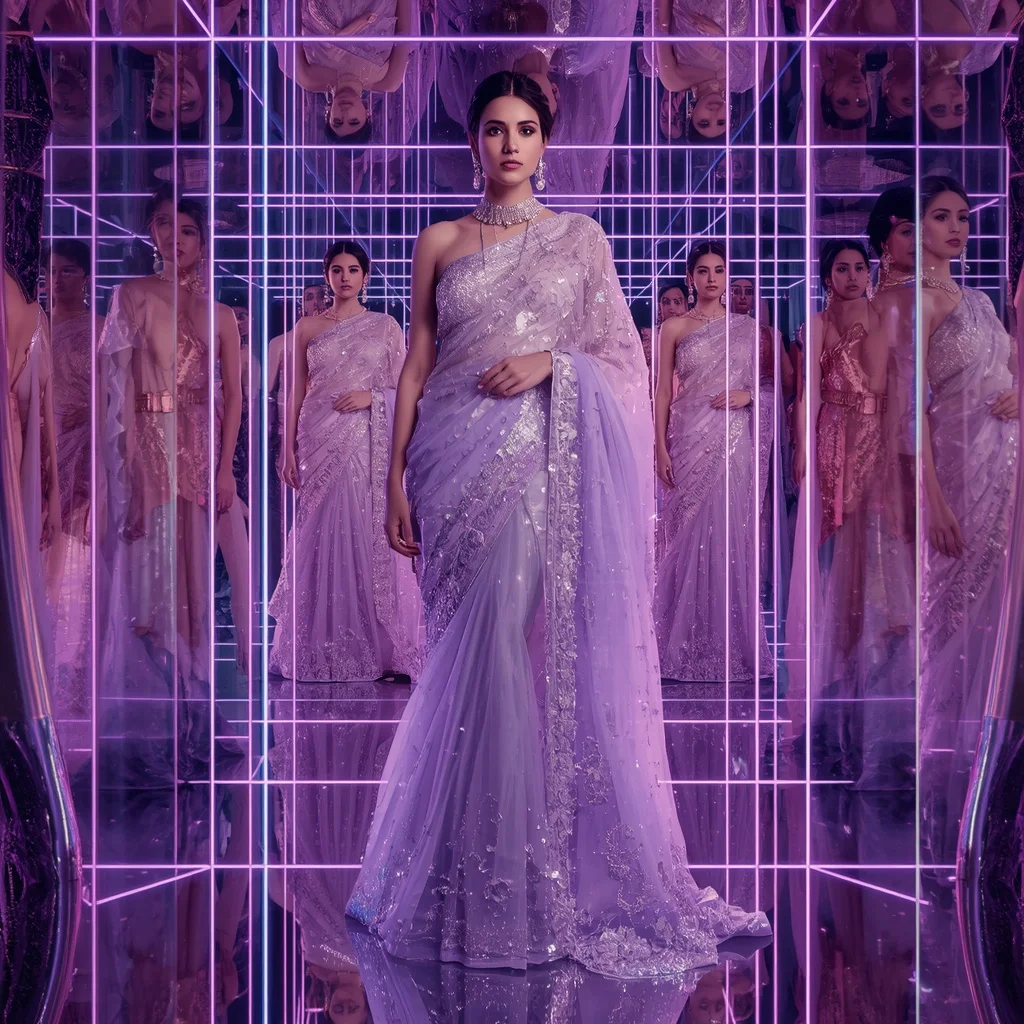 Lavender Moonlight Celestial Infinity Hypergoddess Saree with Floating Glamour Poses and Neon Reflection Crystal Universe Hypercube | Bridal Ai Prompt