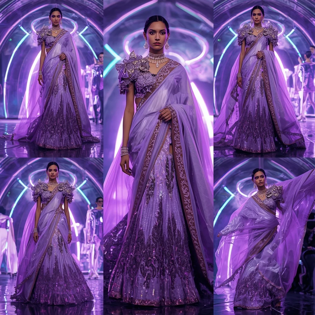 Lavender Thunderwave Majesty Saree with Dynamic Neon Domes | Face Ai Prompt