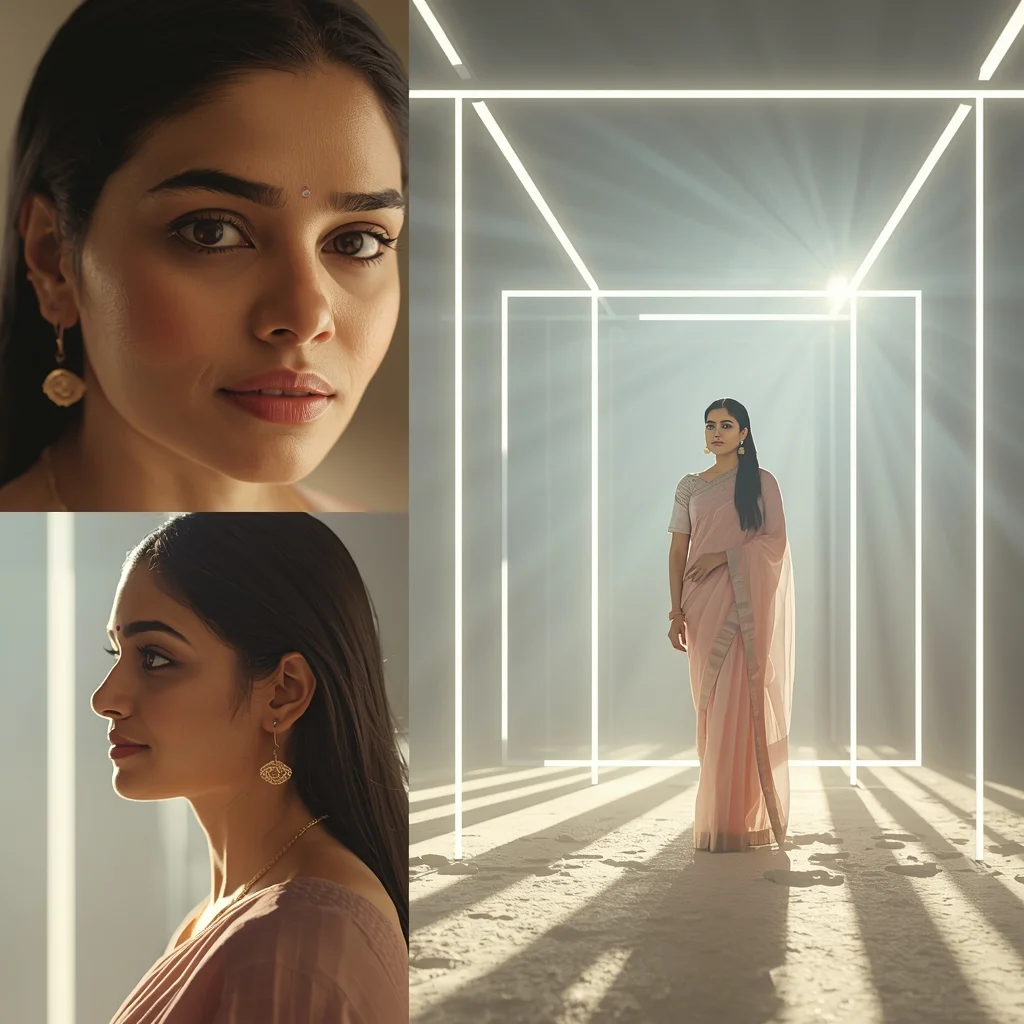 Light Beam Crossing Saree Prompt with Intersecting Rays and Cinematic Glow Structure | Prompt Seen Trending Girl Photo