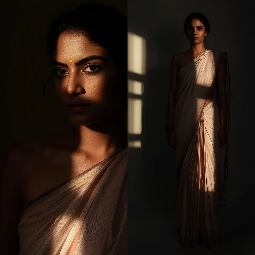 Light Shadow Contrast Saree Prompt with Dramatic Depth Lighting and Cinematic Visual Impact | Aesthetic Saree Prompt