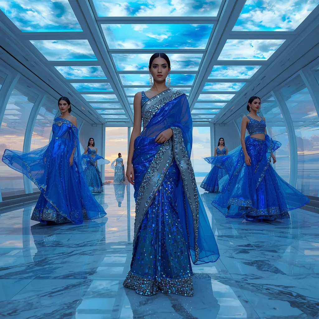 Liquid Sapphire Fantasy Saree with Digital Sky Pavilion | Prompt Engineering