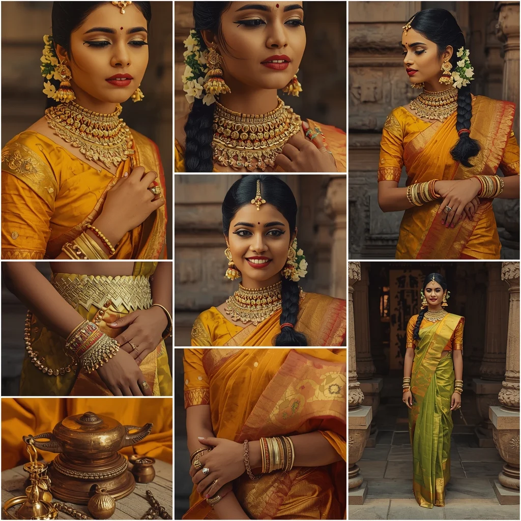Majestic Temple Kanjeevaram Grid | Indian Girl South Silk Gold Aesthetic Prompt | Wedding Saree Ai Prompt