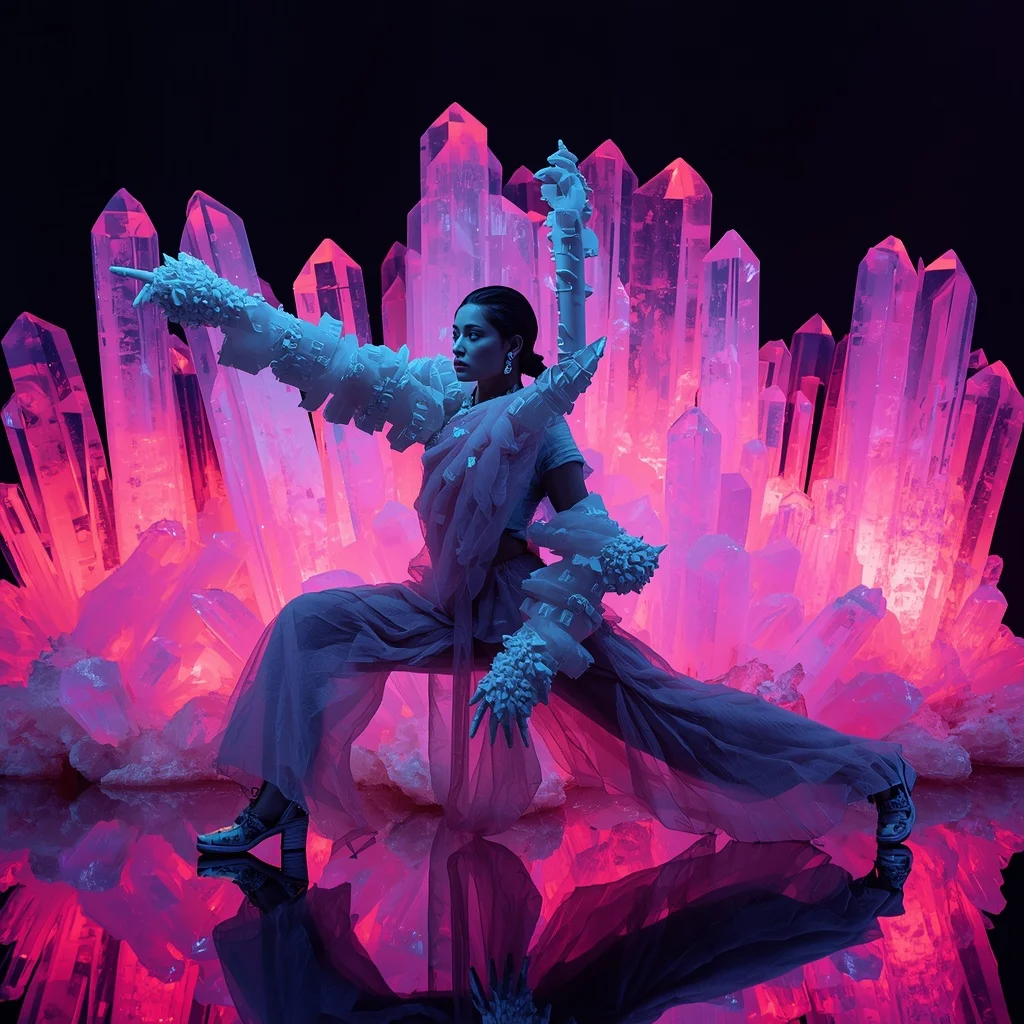 Massive 3D Porcelain Bird & Heavy Net Saree | Forward Dynamic Lunge Pose | Glowing Neon Quartz Crystals | Bridal Saree Ai Prompt For Instagram Reel