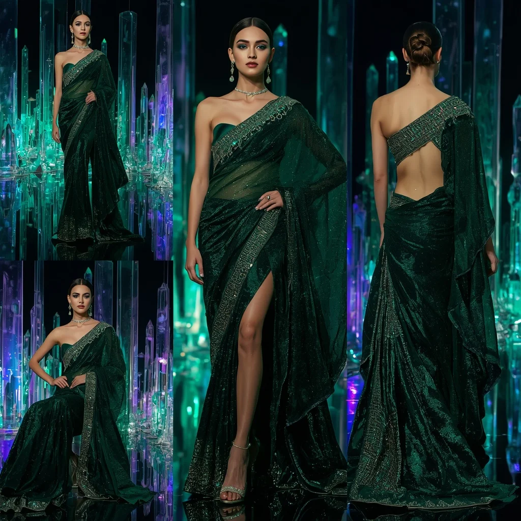 Midnight Emerald Fantasy Saree with Crystal Reflection Palaces | Instagram Model Ai Prompt