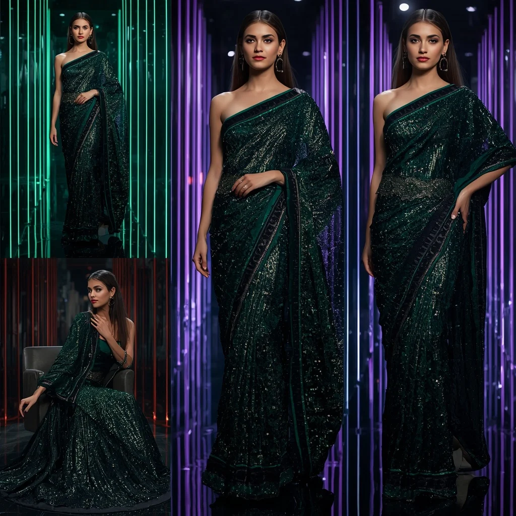 Midnight Emerald Majesty Saree with Crystal Reflection Corridors | Ai Prompt For Instagram