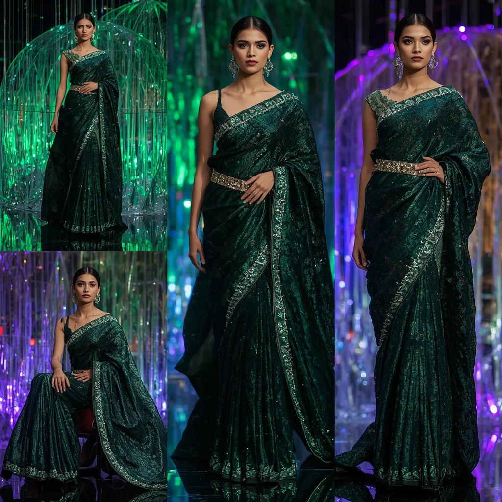 Midnight Emerald Mirage Saree with Crystal Reflection Domes | Travel Ai Prompt