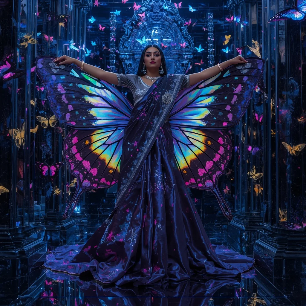 Midnight Galaxy Butterfly Saree with Neon Star Temple Background | Instagram Model Ai Prompt