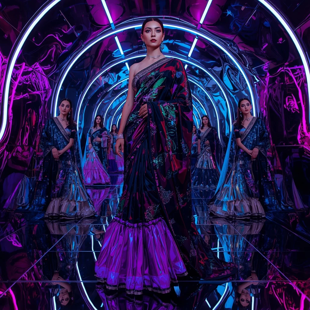 Midnight Prism Metallic Saree with Neon Reflection Hall | Ai Prompt For Social Media
