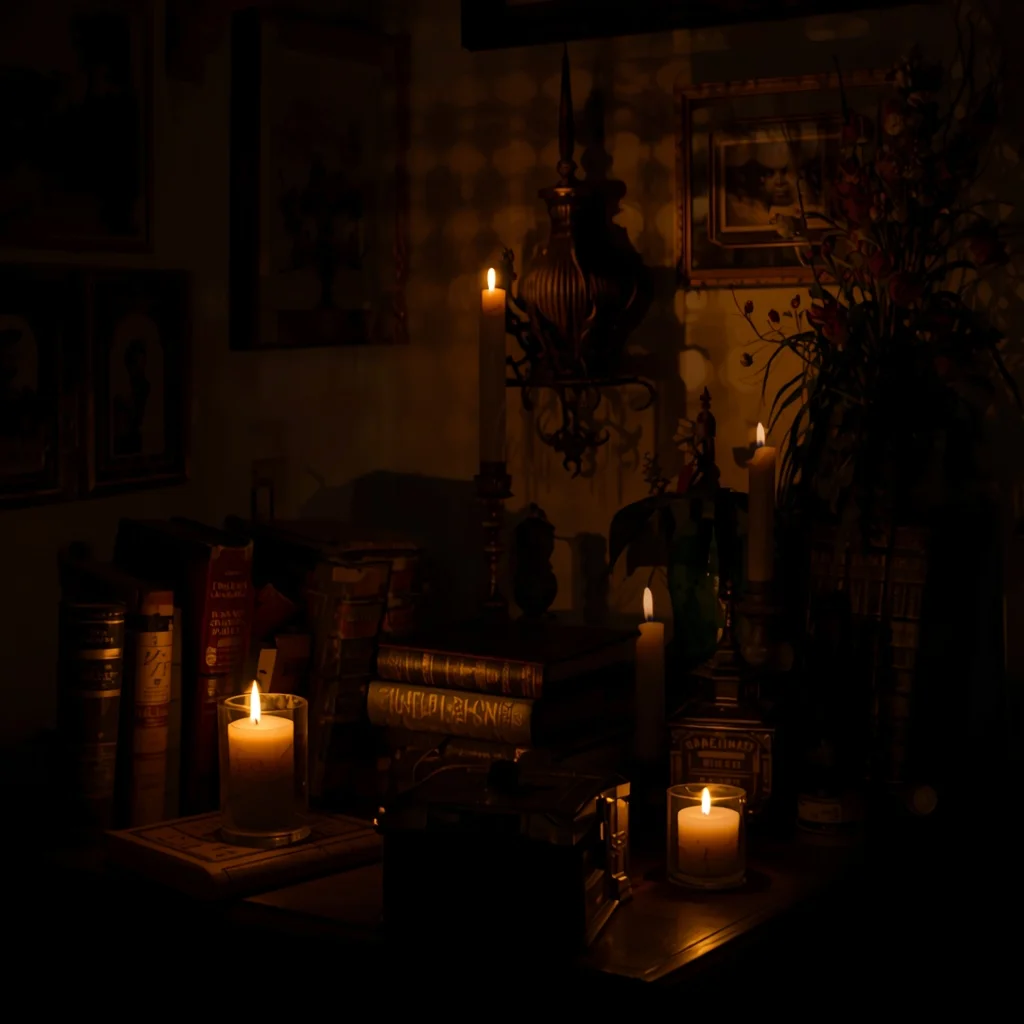 Moody Candle Lit Room with Old Books and Shadows | Motivation Ai Prompt