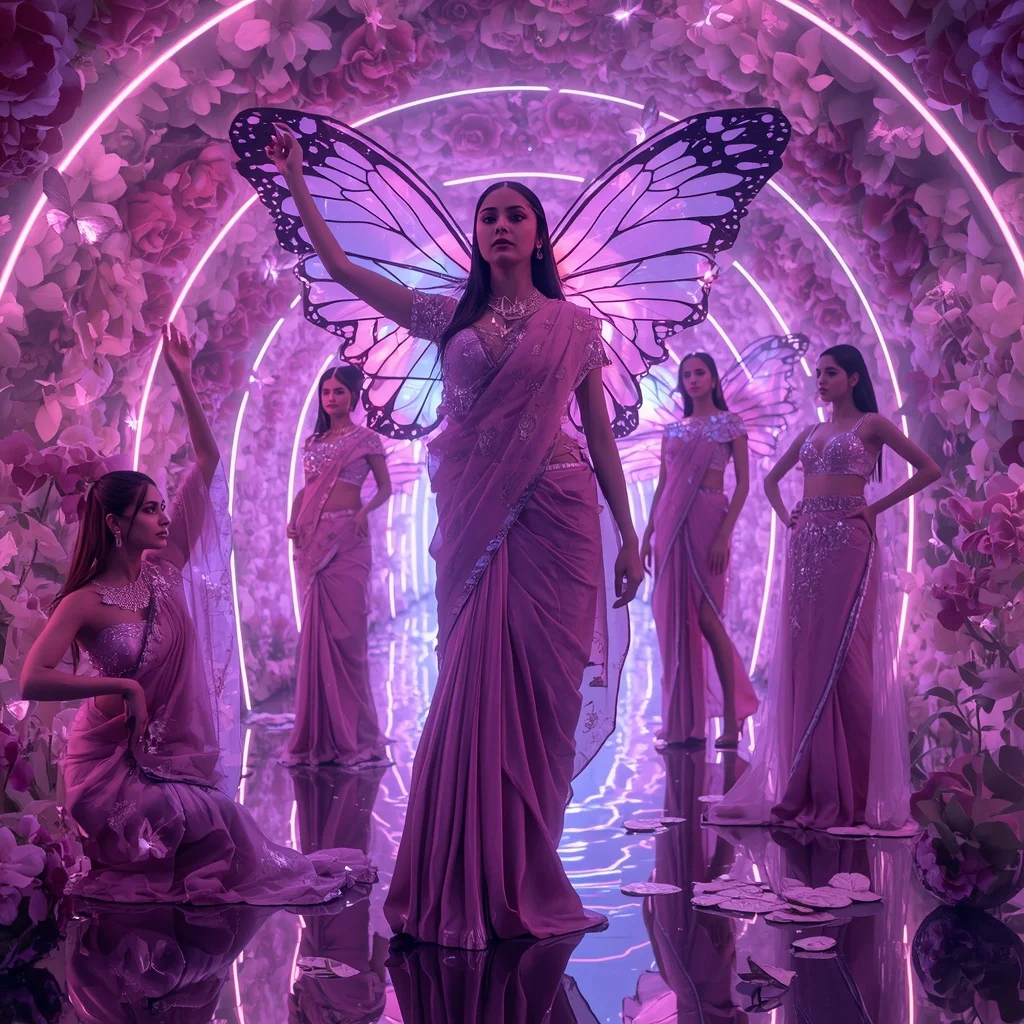 Neon Orchid Butterfly Saree with Multiple Avant Garde Poses and Floral Cyber Background | Trending Ai Prompt