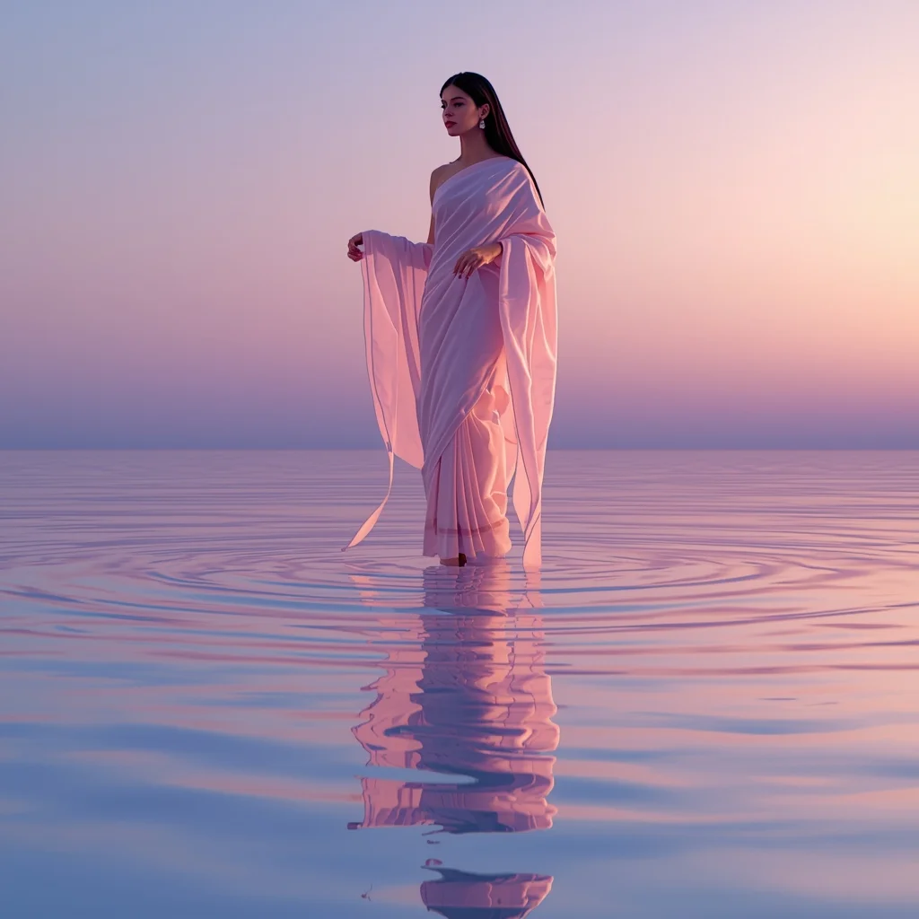 Neon Water Reflection Saree Prompt with Liquid Mirror Floor and Cinematic Depth Glow | Ai Image Prompt Generator Free