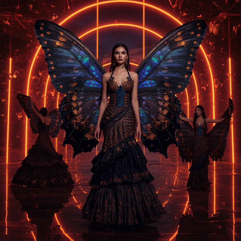 Obsidian Fire Butterfly Saree with Multi Pose Dark Neon Background | Grok Ai Prompt
