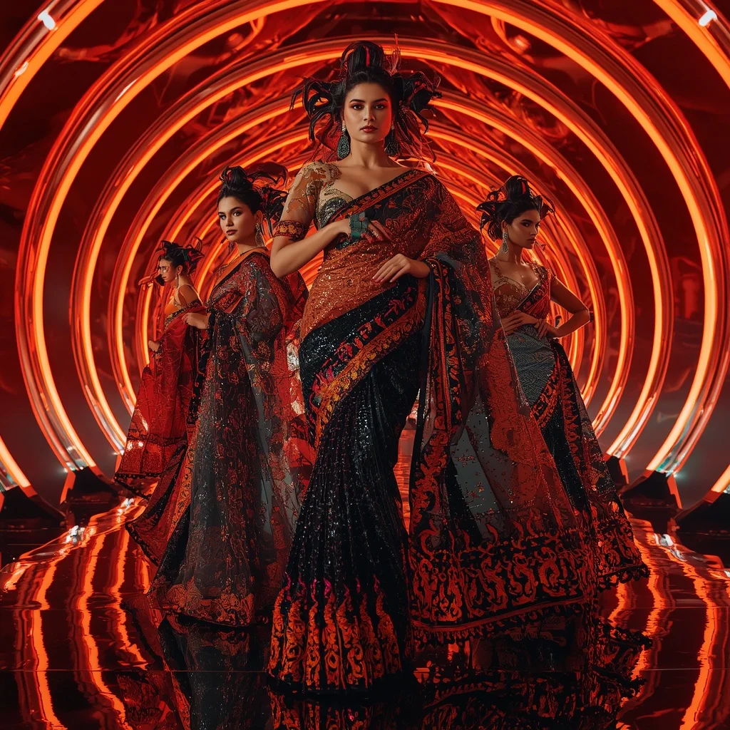Obsidian Flame Festival Saree with Curved Neon Fortress | Ai Image Prompt