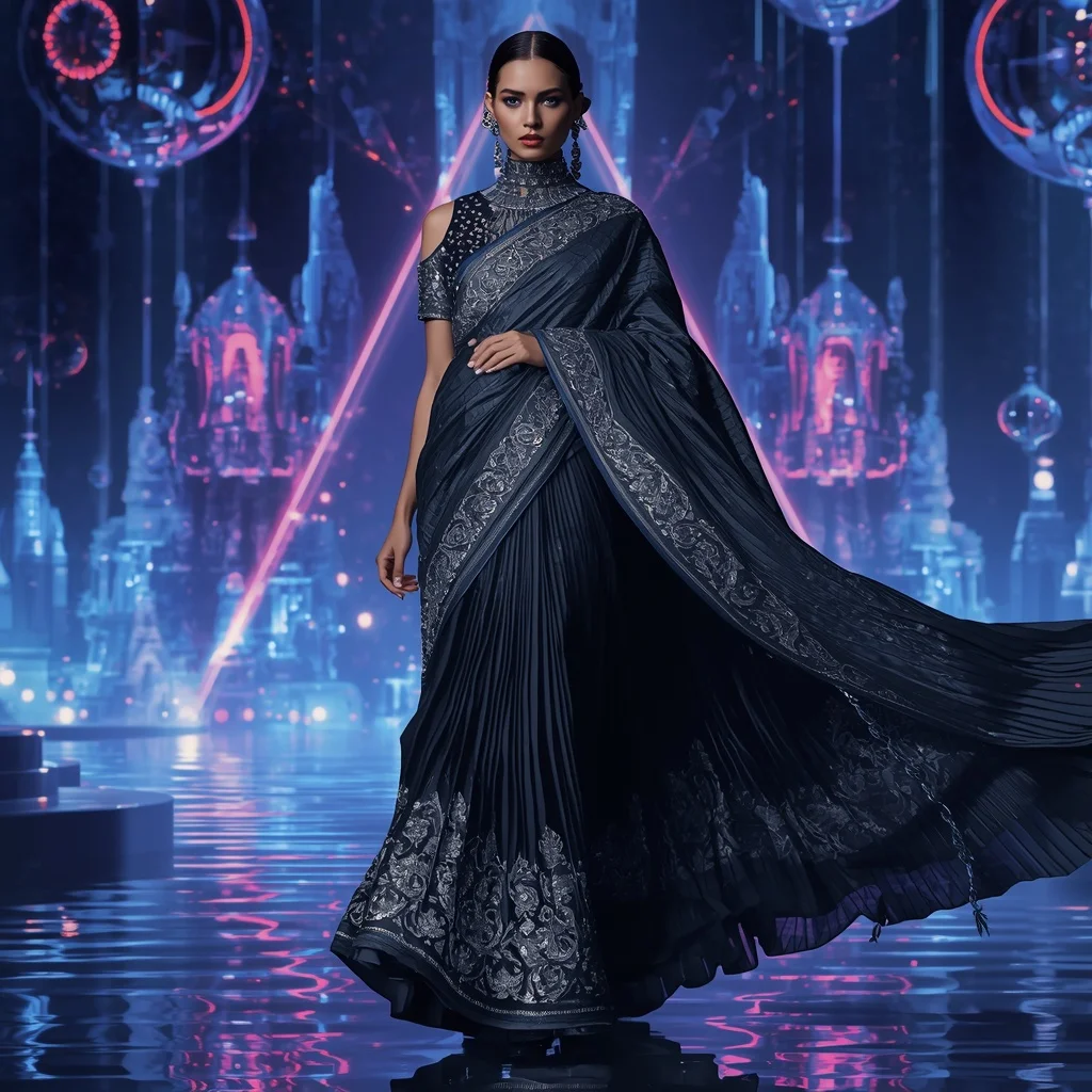 Obsidian Jewel Saree with Floating Laser Temples | Ai Gemini Photo Prompt