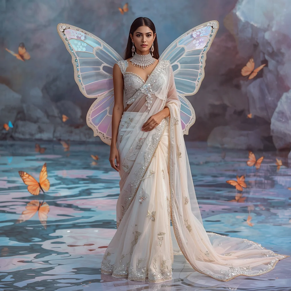 Opal Moon Butterfly Saree Couture with Dream Crystal Lake Background | Ai Prompt