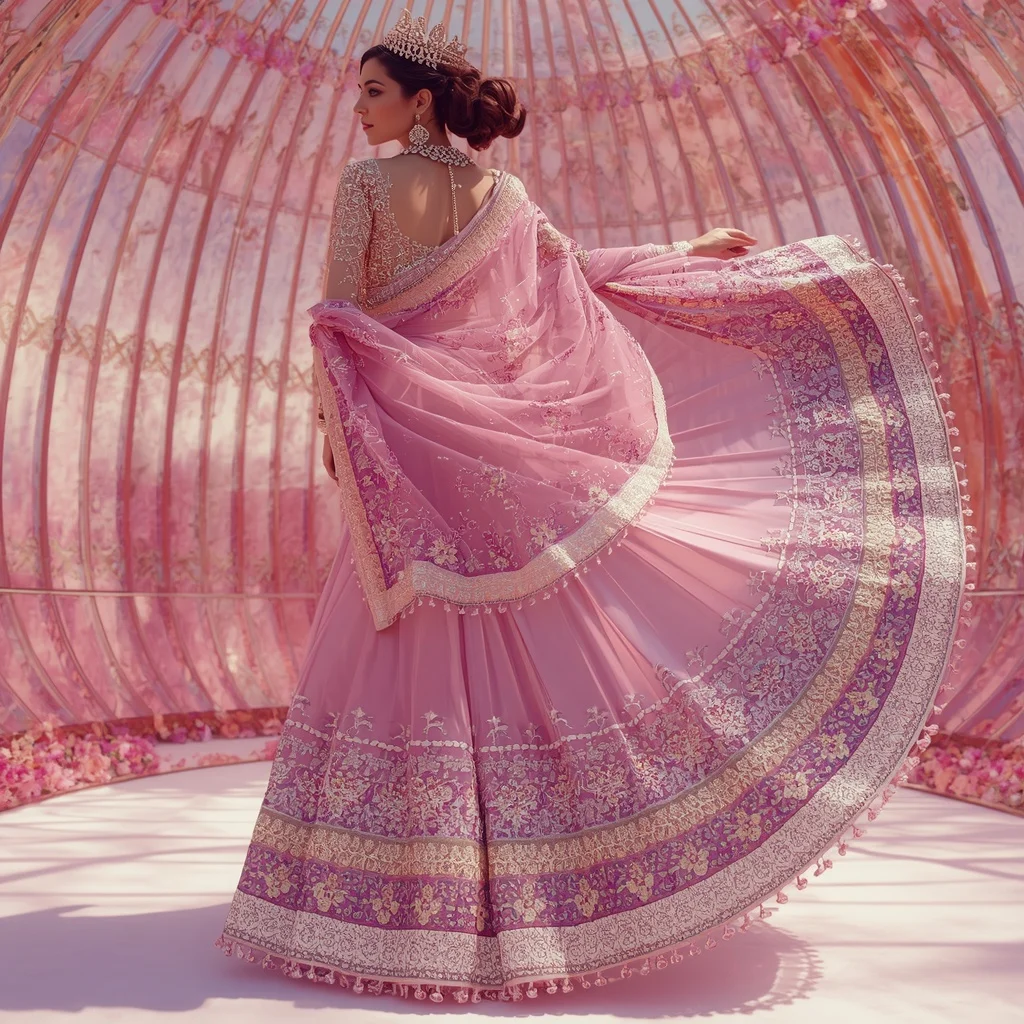 Opaline Orchid Infinityveil Sovereign Festival Saree with Crystal Bloom Jewel Crown Galaxy Sanctuary Dome | Ai Photo Editing Prompt