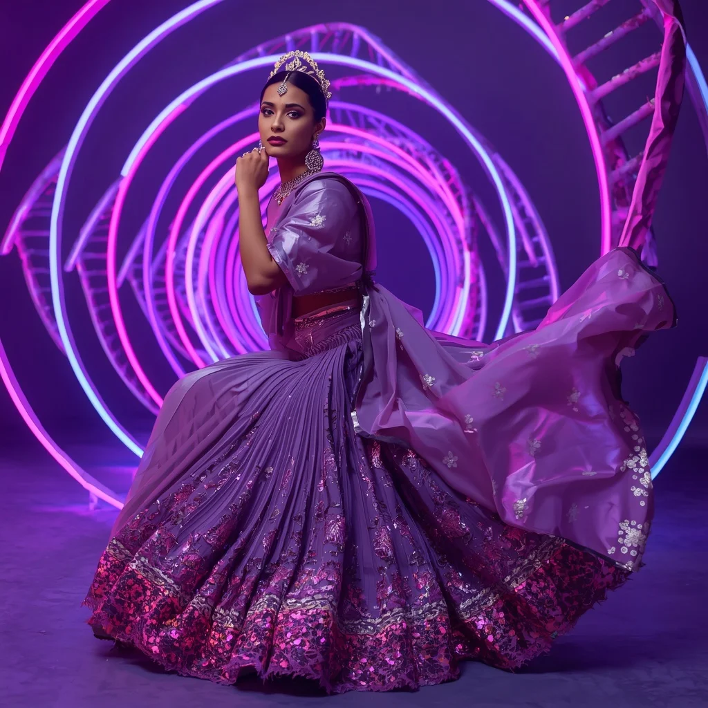 Orchid Aurora Infinity Saree with Neon DNA Spiral Palace | Instagram Photography Ai Prompt