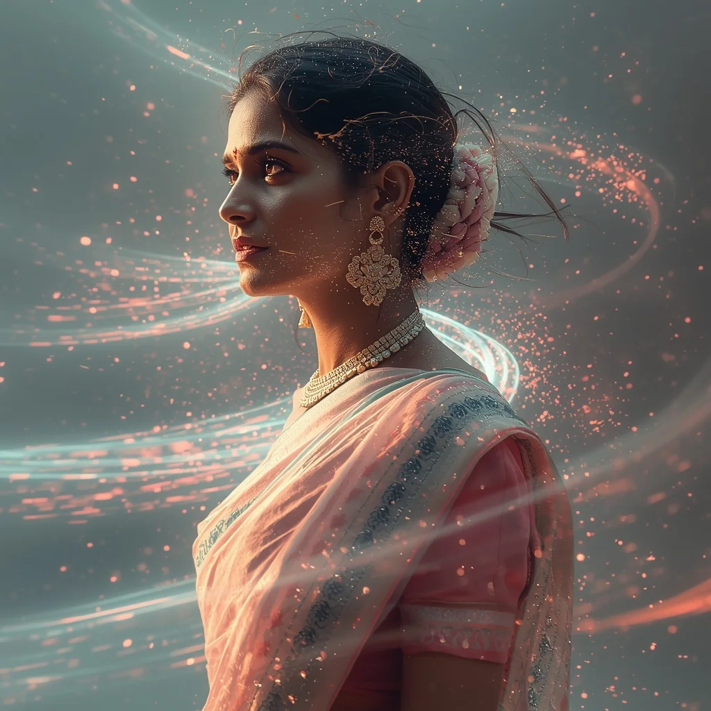Particle Flow Direction Saree Prompt with Motion Trails and Cinematic Energy Depth Design | Prompt For Gemini Ai Girl In Saree 2026 Download