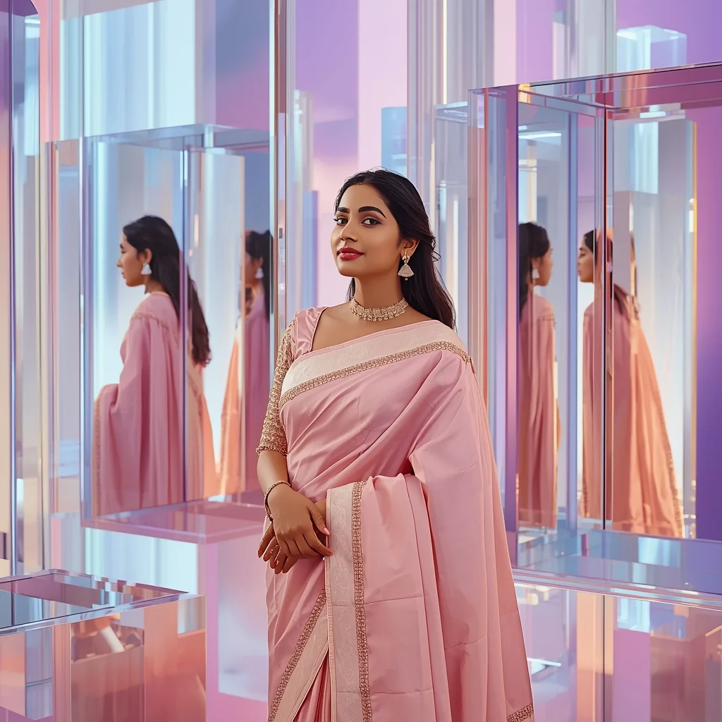 Pastel Saree Floating Glass Panels Reflection Cinematic Prompt | Saree Prompt For Girls