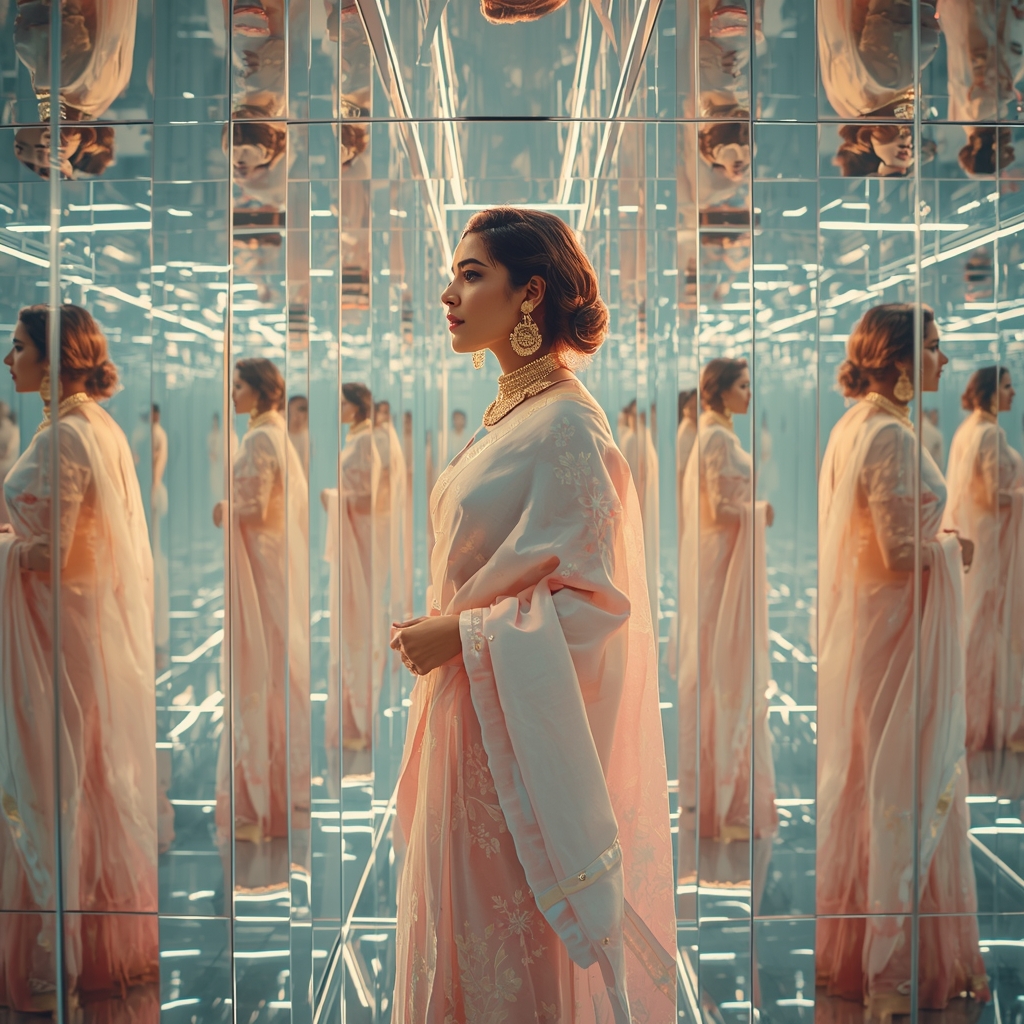 Pastel Saree Infinite Mirror Light Chamber Multi Depth Cinematic Viral Prompt | Desi Saree Ai Prompt