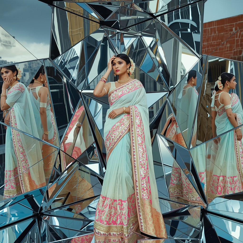 Pastel Saree Multi Reflection Surface Mirror Fragment Image Prompt | Saree Prompt For Instagram