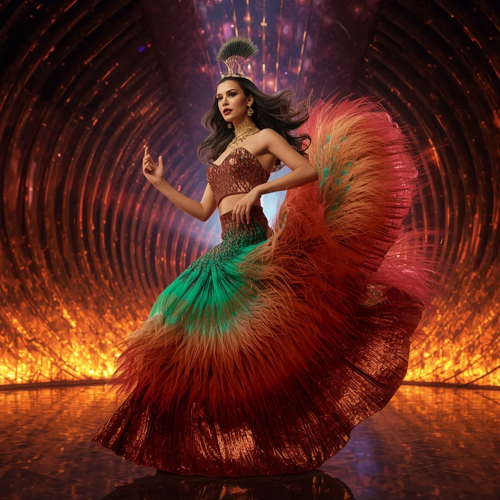 Peacock Inferno Infinityveil Lotus Festival Saree with Prism Fire Galaxy Crown Dominion Empire Throne Hall | Cute Ai Prompt