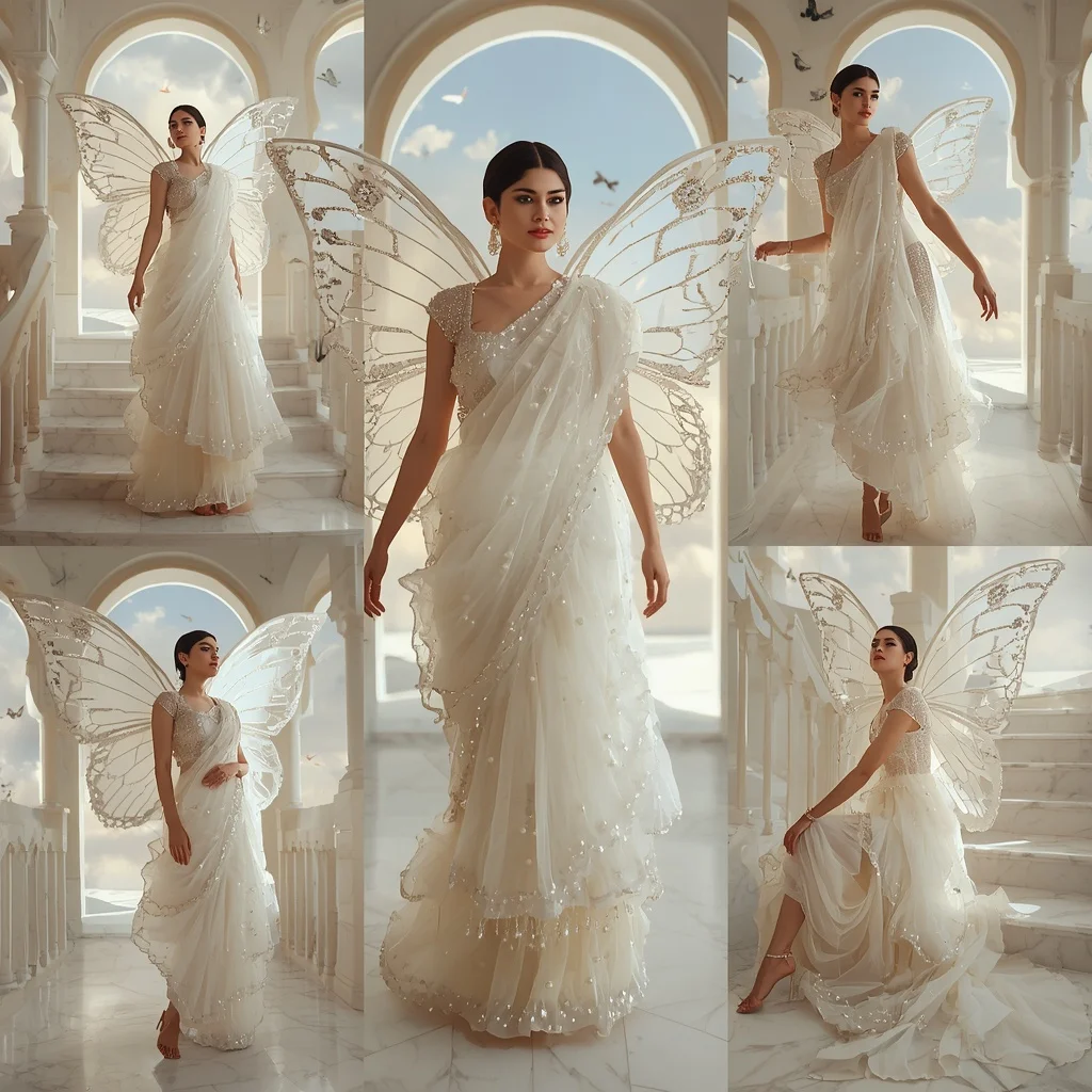 Pearl Angel Butterfly Saree with Multiple Heavenly Poses and Cloud Palace Background | Prompt For Gemini