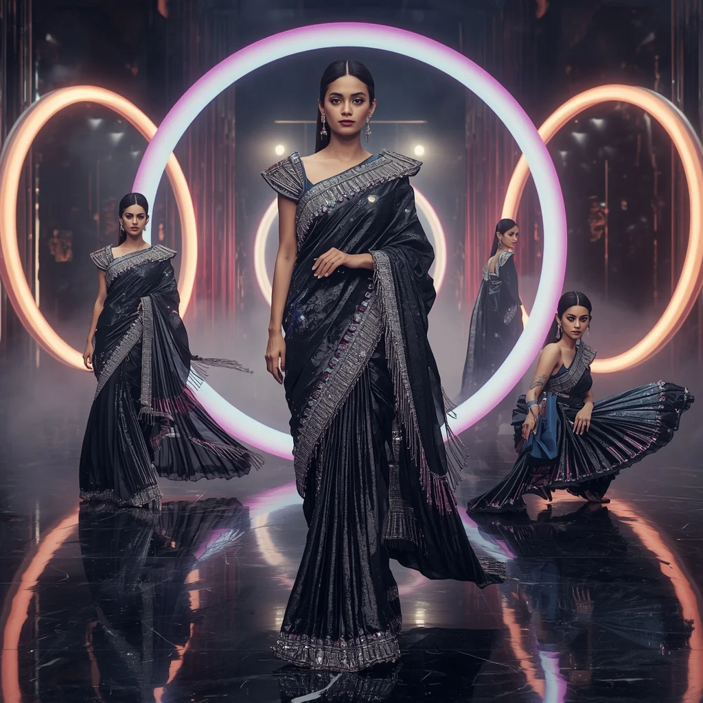 Phantom Jewel Cascade Saree with Floating Aurora Rings | Wedding Ai Prompt
