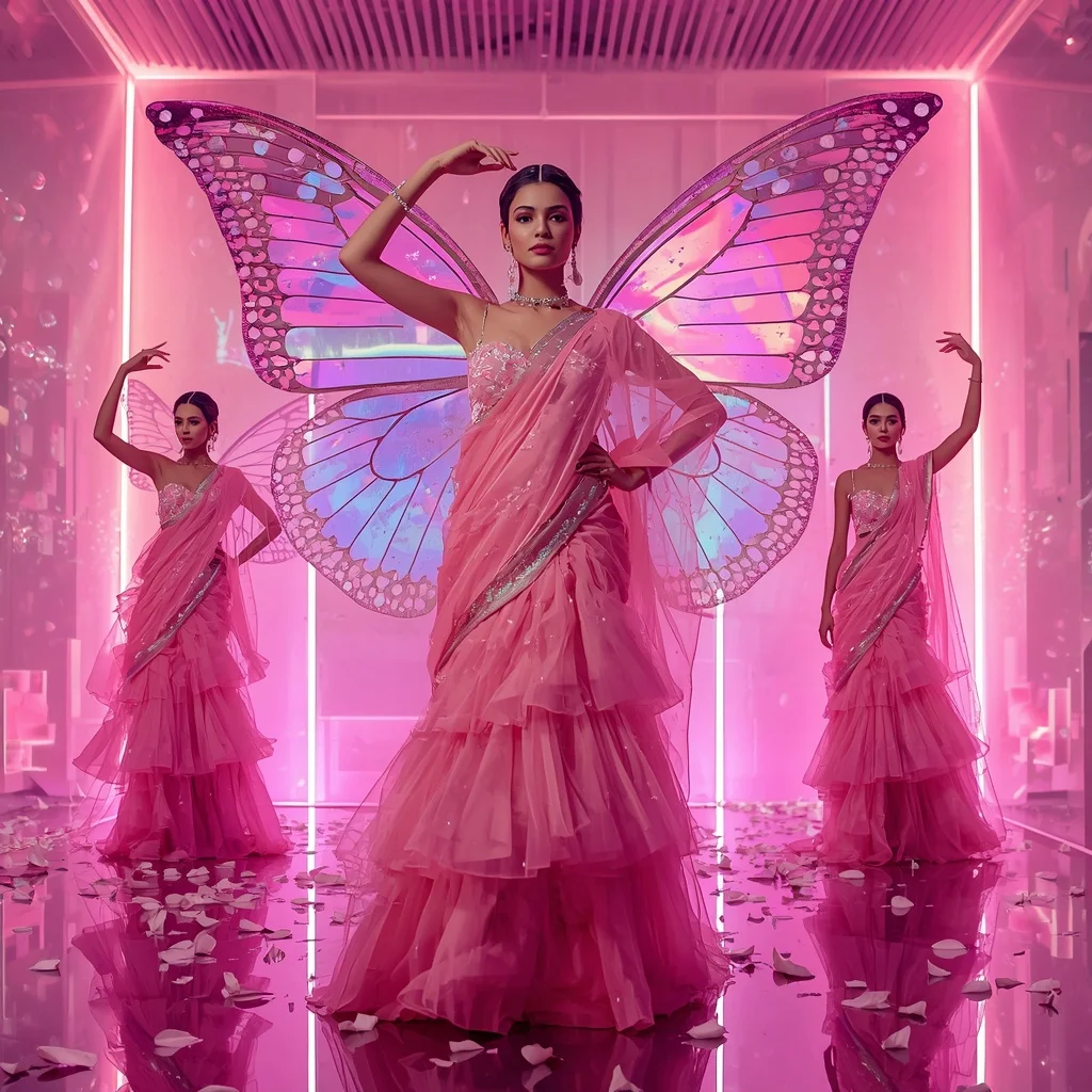 Pink Prism Butterfly Saree with Multiple Glamorous Poses and Fantasy Studio Background | Grok Ai Prompt