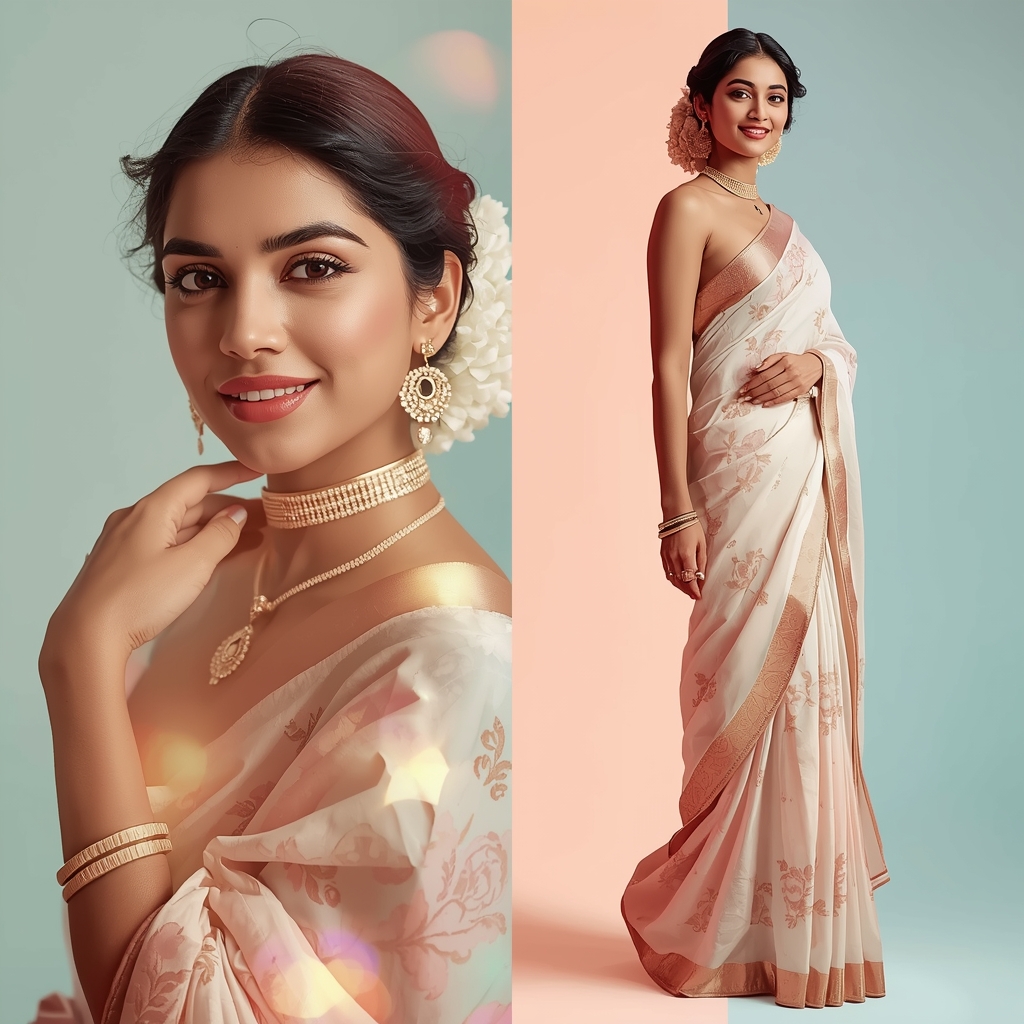 Premium Pastel Saree Mirror Glow Luxe - | Image Prompt | Gemini Saree Prompt For Woman