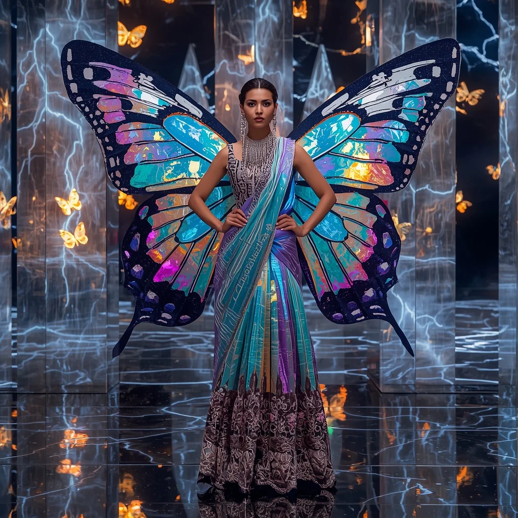 Prism Thunder Butterfly Saree with Electric Crystal Arena Background | Instagram Influencer Ai Prompt
