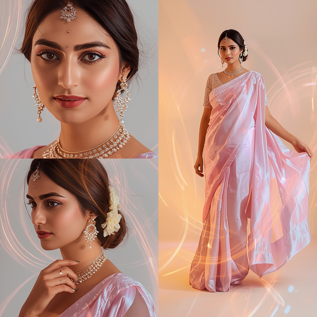 Quantum Pulse Halo Drift Pastel Saree Indian Woman Premium Composition | Saree Prompt For Gemini Ai