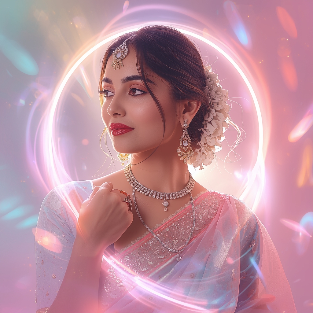 Radiant Pulse Halo Stream Pastel Saree Indian Woman Luxury Composition | Saree Selfie Ai Prompt