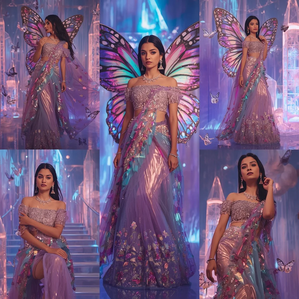 Rainbow Crystal Butterfly Saree with Multi Pose Aurora Castle Background | Girl Photo Prompt Gemini