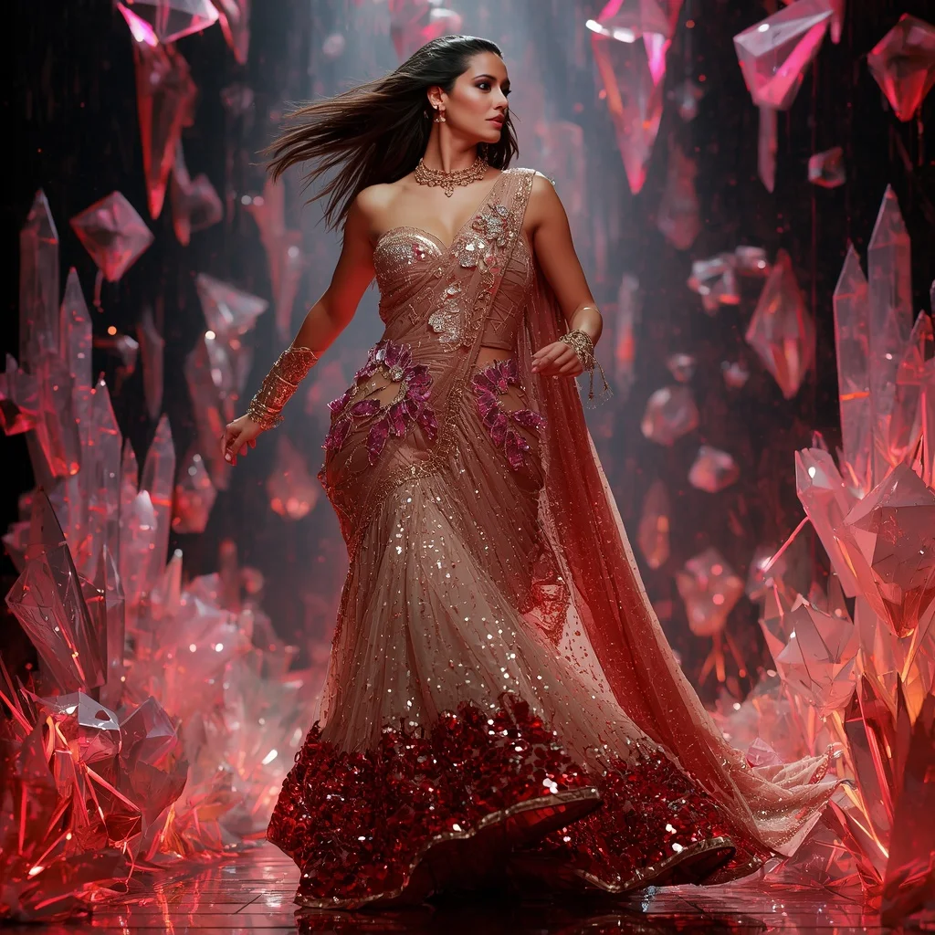 Rose Gold Inferno Fantasy Saree with Floating Crystal Geometry | Saree Ai Prompt Copy Paste For Gemini