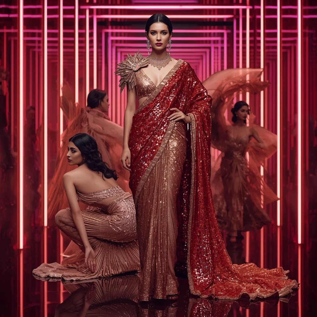 Rose Gold Phoenix Fantasy Saree with Infinite Prism Hallways | Secret Ai Prompt