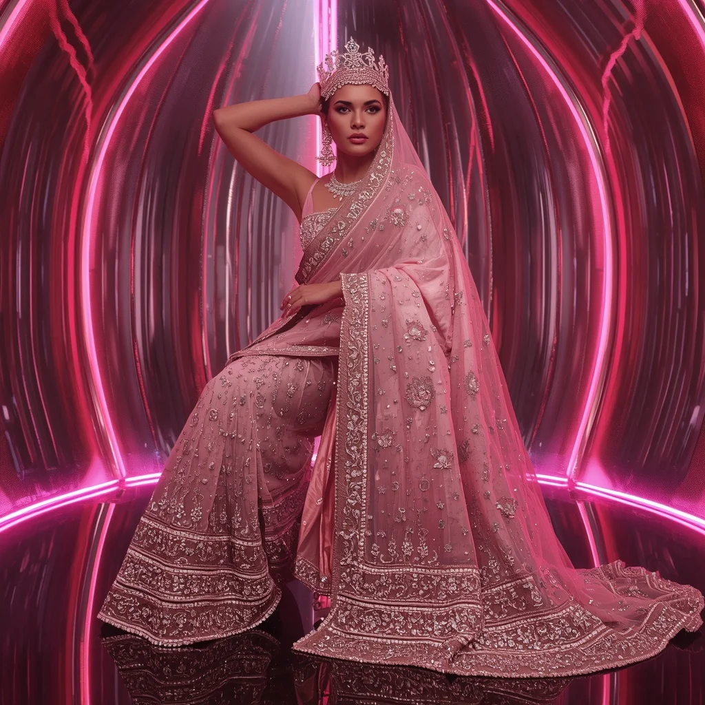 Rose Nebula Infinityveil Sovereign Festival Saree with Neon Crystal Galaxy Crown Dominion Empire Sanctuary | Prompt Ai