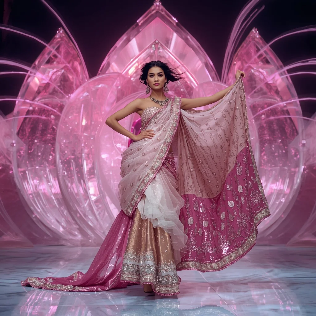 Rose Starlight Infinityveil Lotus Festival Saree with Infinity Jewel Aurora Crown Dominion Empire Crystal Palace | Happy Ai Prompt