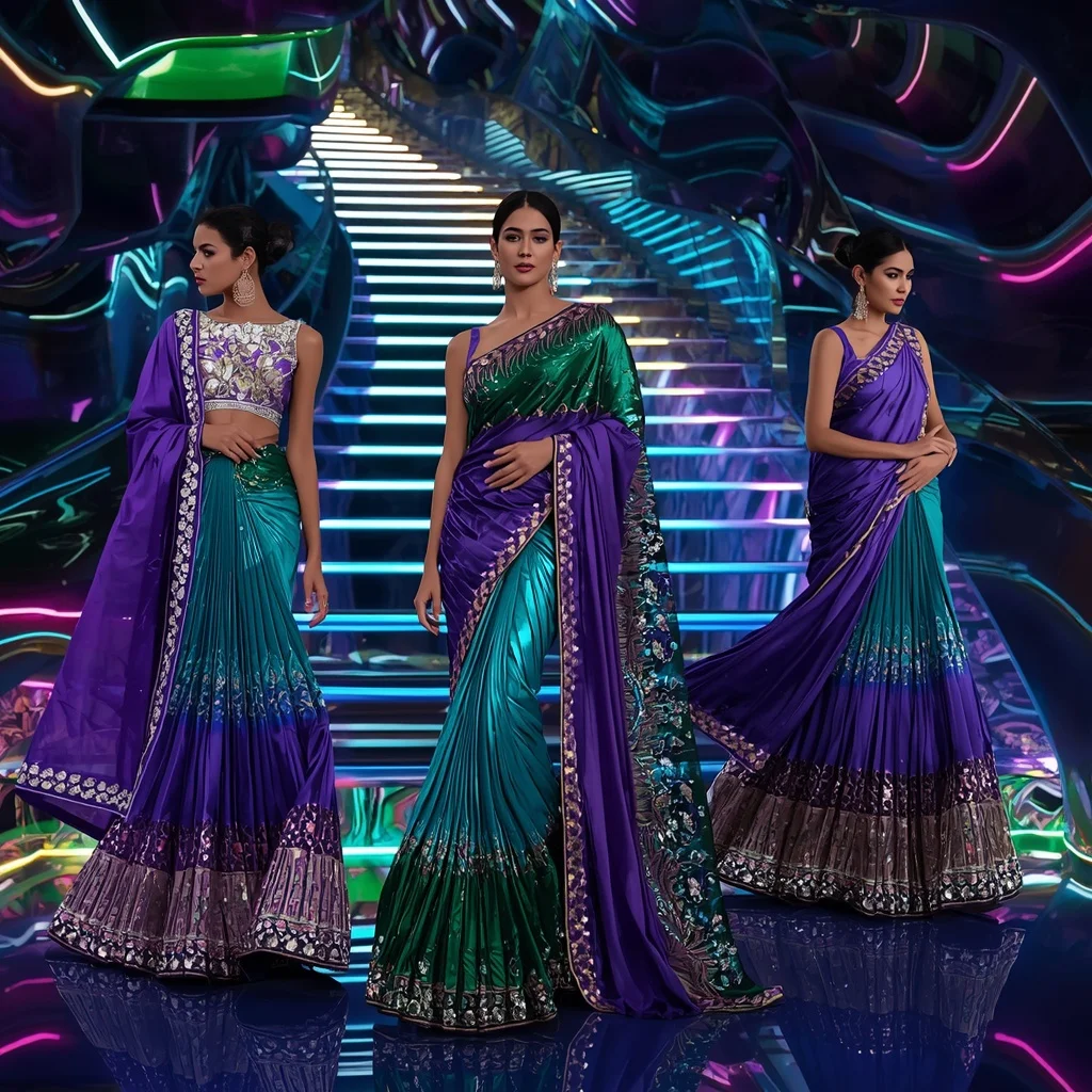 Royal Prism Wave Saree with Floating Neon Staircase | Luxury Ai Prompt