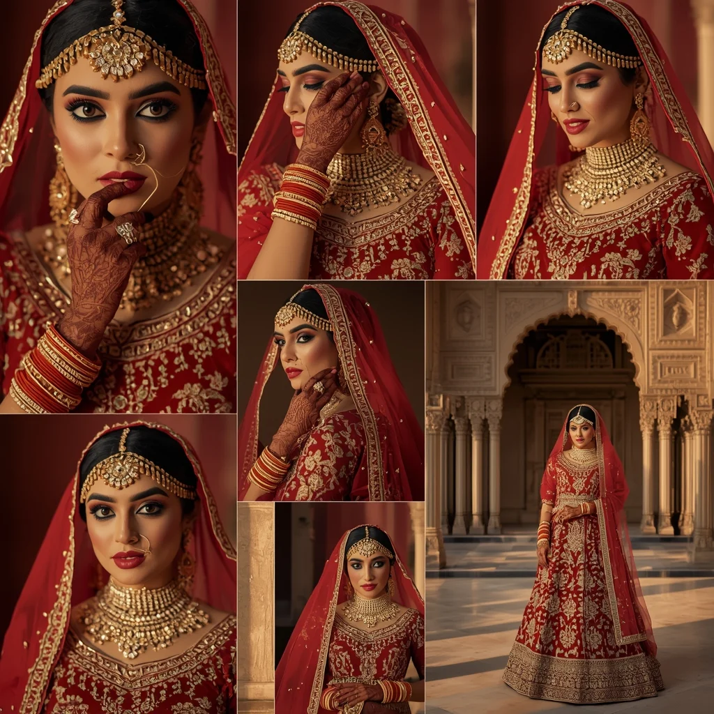 Royal Rajputana Heritage Collage | Indian Bridal Crimson Red Lehenga Cinematic Prompt | Saree Dp Ai Prompt