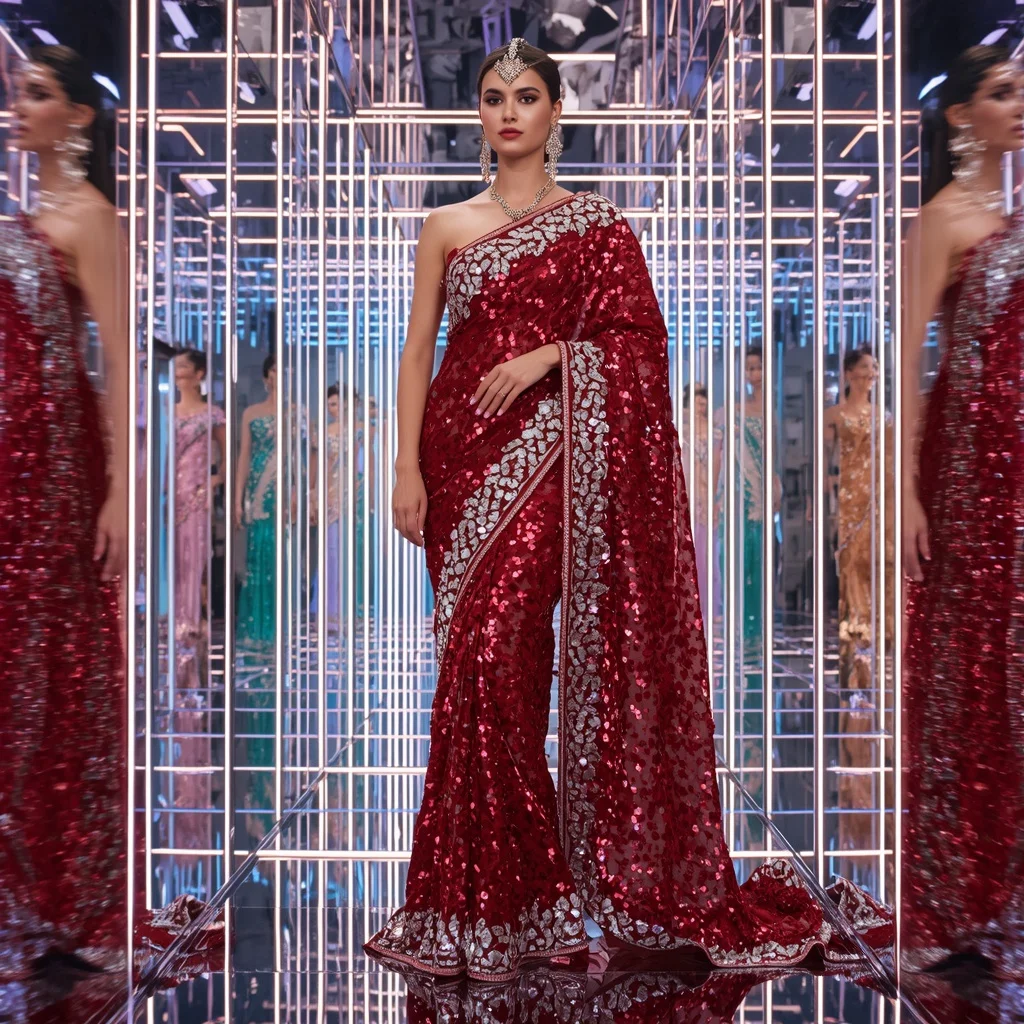 Ruby Crystal Celestial Infinity Hyperqueen Saree with Endless Glamour Poses and Holographic Mirror Quantum Hyperverse | Midjourney Prompt List